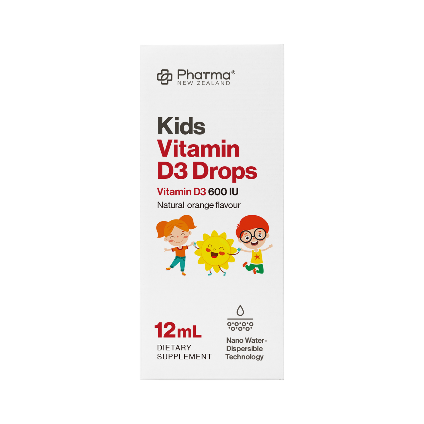 Box of Kids Vitamin D3 Drops with Pharma New Zealand branding background