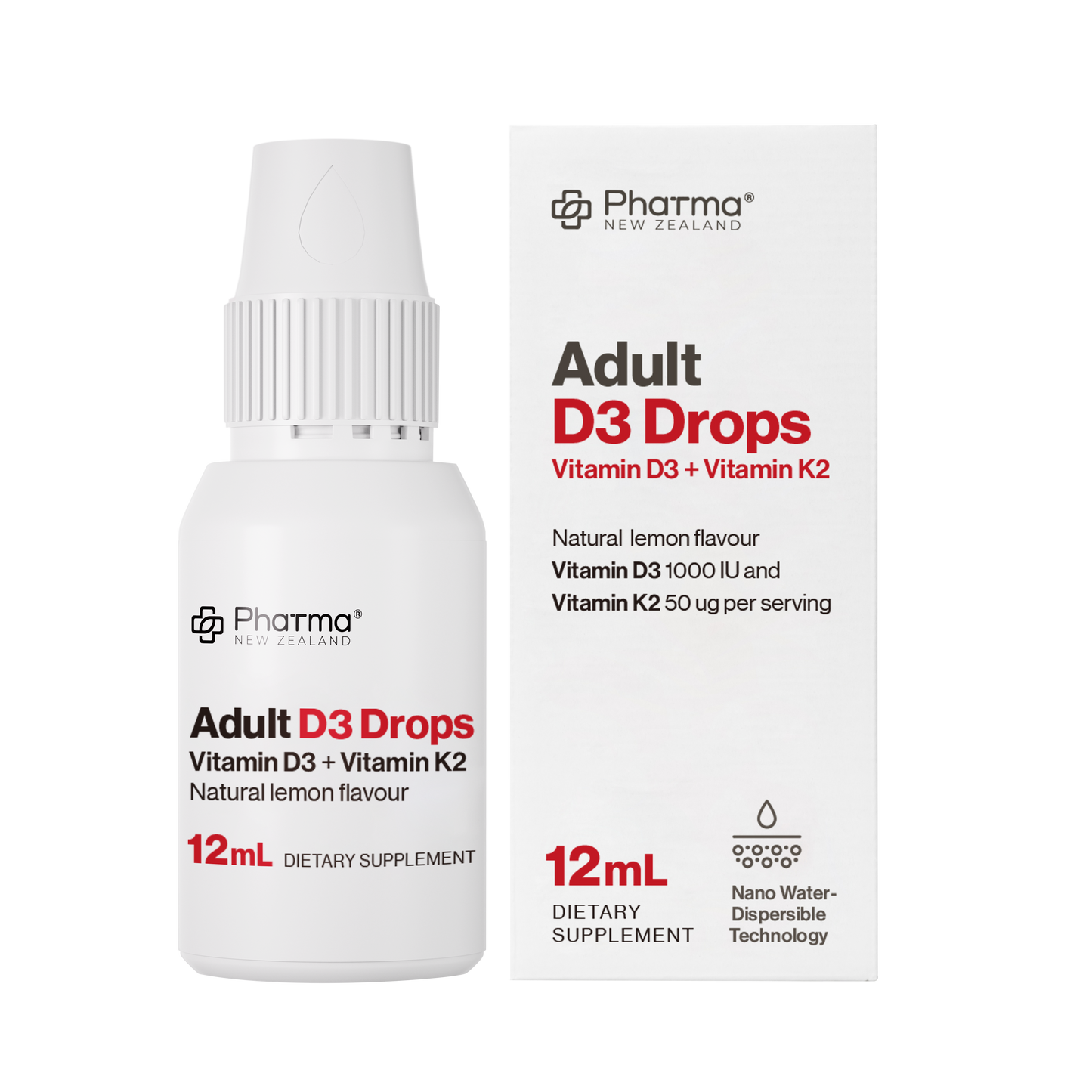 White bottle and packaging of Pharma New Zealand Adult D3 Drops on a white background