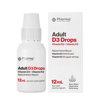 White bottle and packaging of Pharma New Zealand Adult D3 Drops on a white background