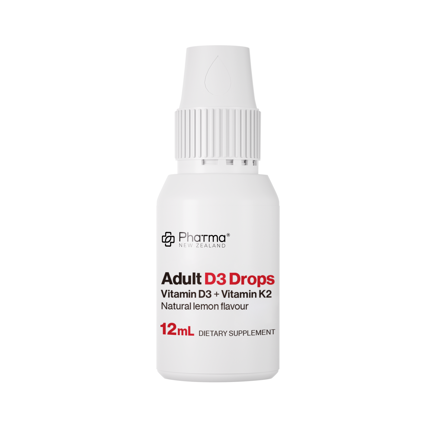 White bottle of Adult D3 Drops with Pharma New Zealand branding on a white background