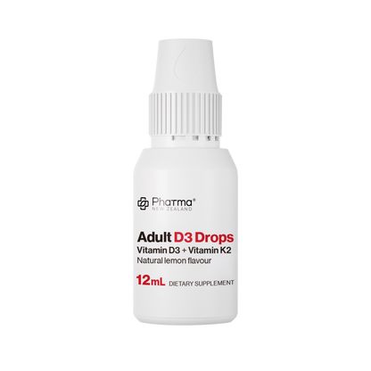White bottle of Adult D3 Drops with Pharma New Zealand branding on a white background