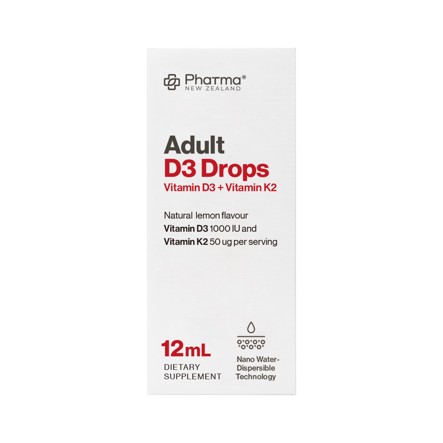Box of Adult D3 Drops with Pharma New Zealand branding on a white background