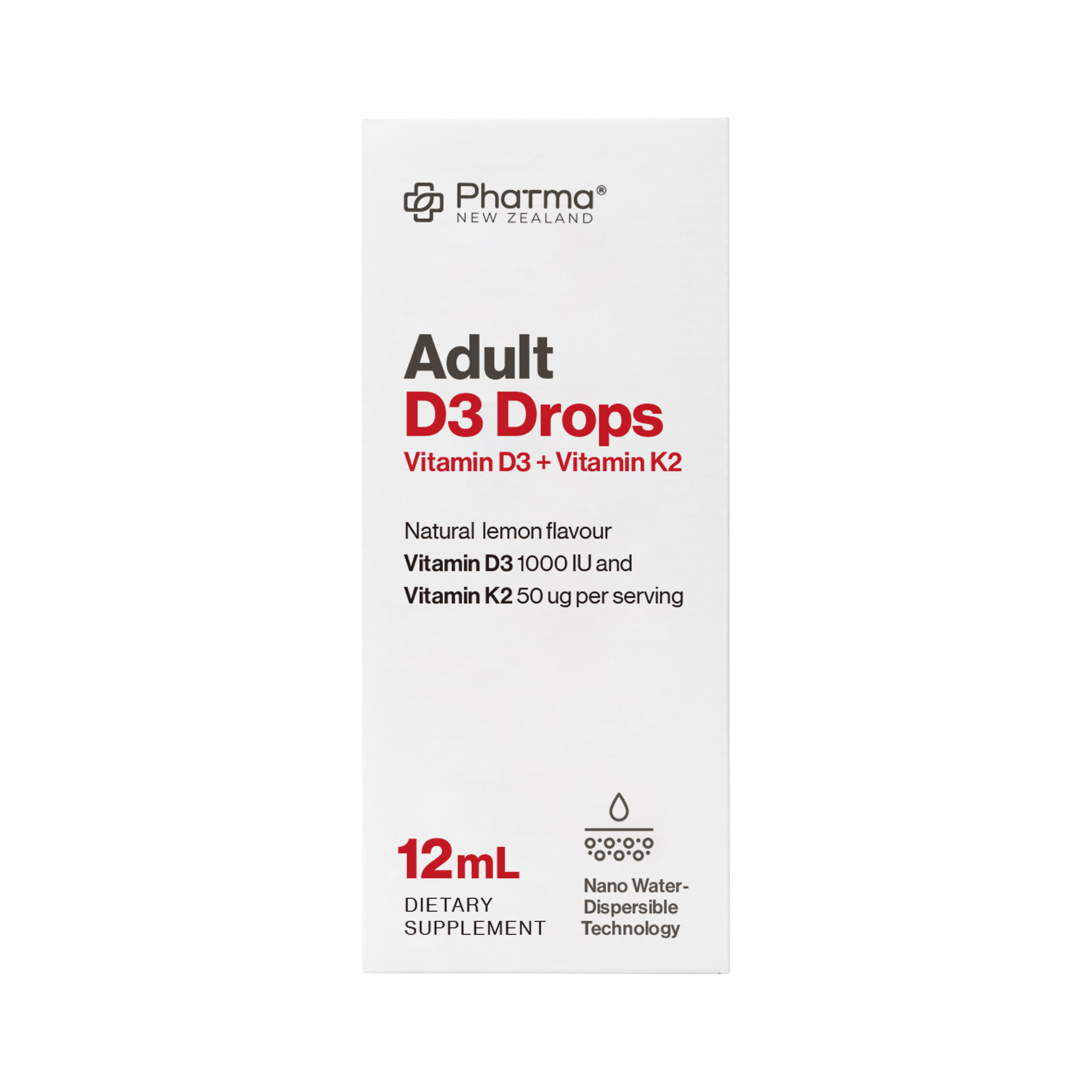Box of Adult D3 Drops with Pharma New Zealand branding on a white background