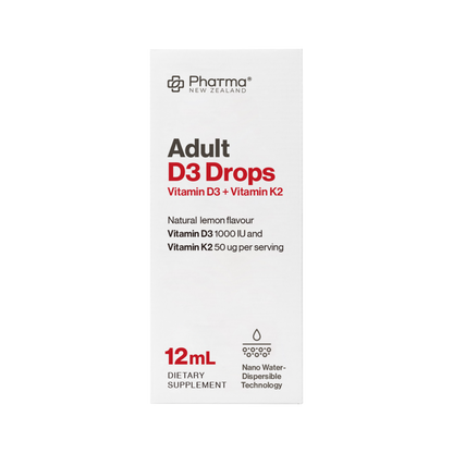 Box of Adult D3 Drops with Pharma New Zealand branding on a white background
